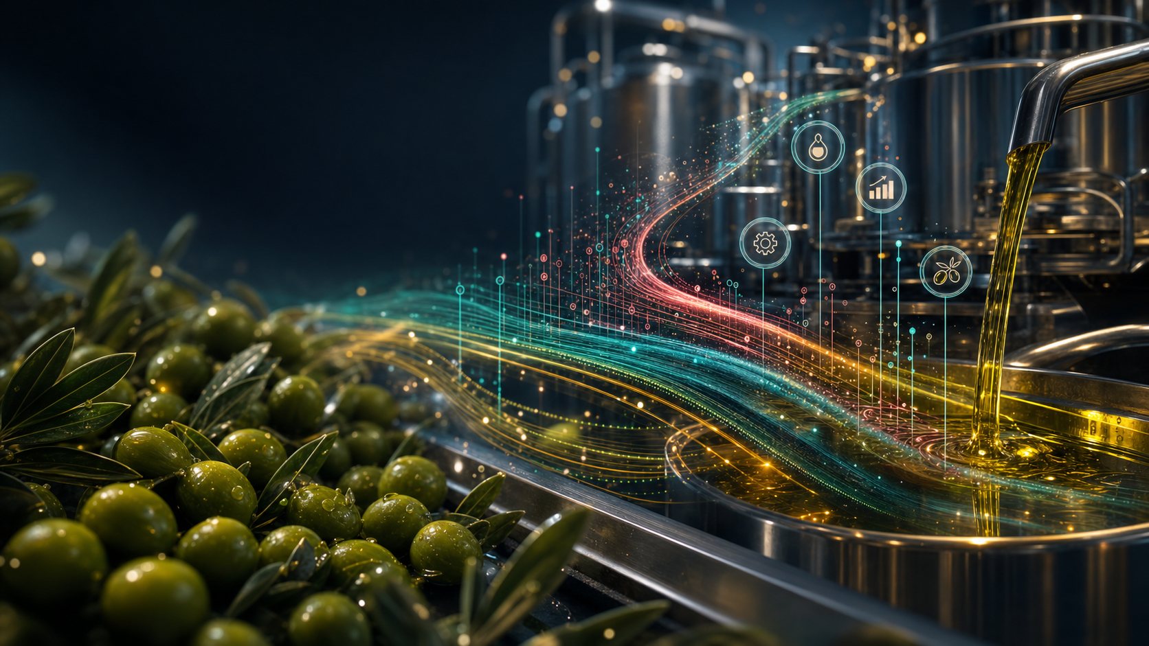 Visual generado de datos fluyendo a traves del proceso de aceite de oliva