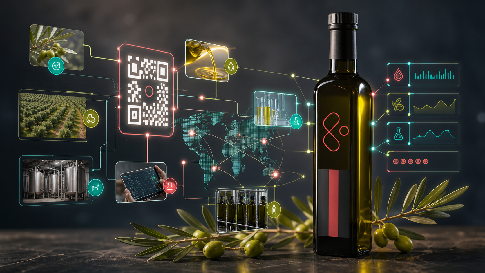 Visual generado de botella de aceite con trazabilidad QR